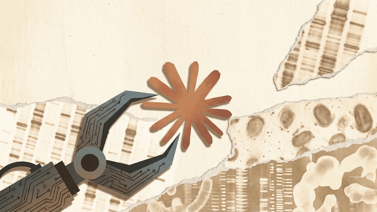 Illustration of a robotic claw reaching toward a biological motif amid DNA gel and microscopy collage fragments