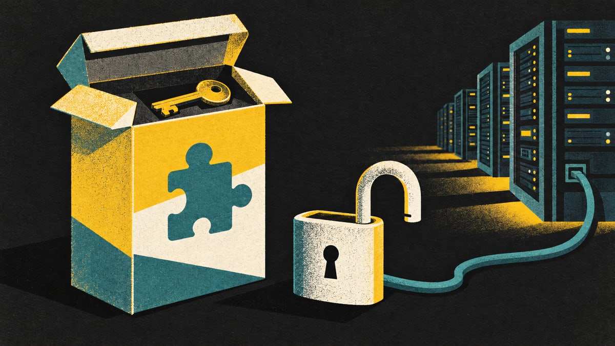 Illustration: an open box with a puzzle-piece symbol and a key hidden inside, beside an open padlock wired to a row of server racks