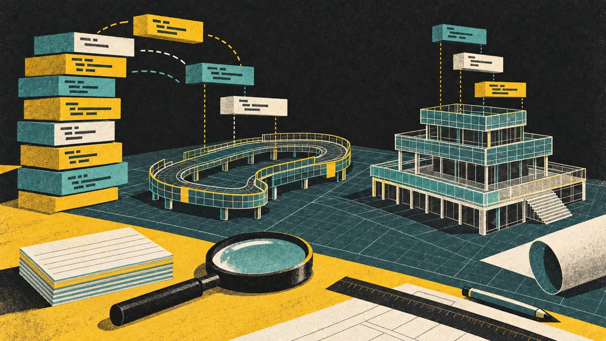 Illustration: stacked blocks of code feeding a wireframe race track and a wireframe multi-story building on a drafting table, beside a magnifying glass, index cards, a ruler and a pencil