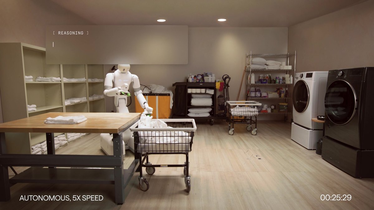 DYNA 2.1 Taku semi-humanoid laundry workflow demo still from Dyna Robotics