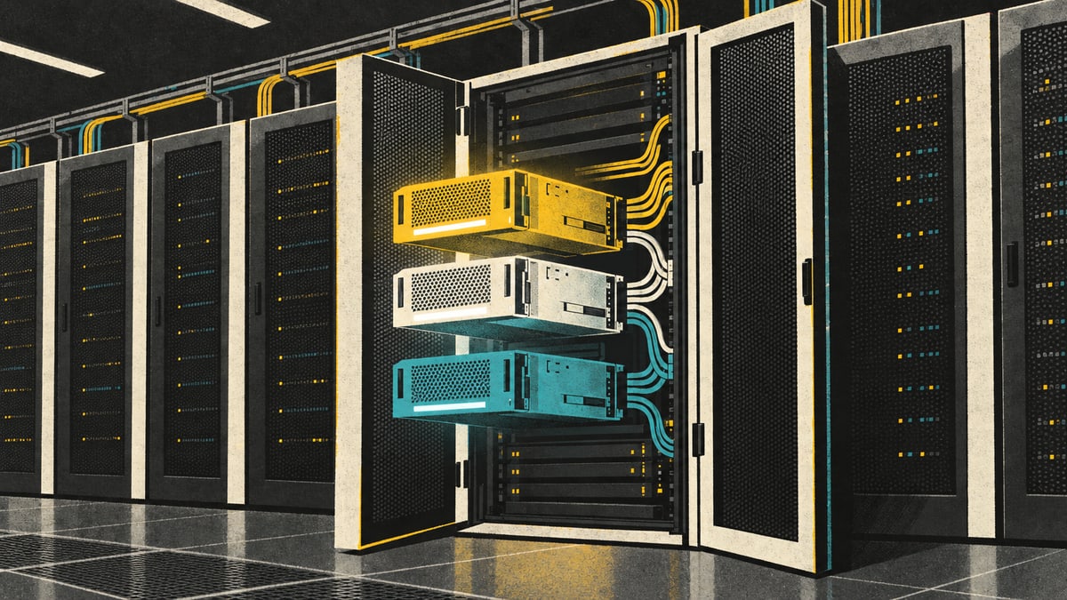 Illustration: an open server cabinet in a data center with three glowing modules, yellow, white and teal, slotted in side by side and cabled in