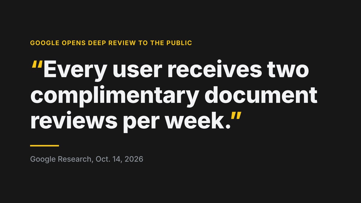 Quoted from Google Research, Oct. 14, 2026: "Every user receives two complimentary document reviews per week."