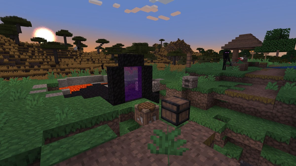 The Nether portal the AI agents built in a Minecraft village at sunset, with a chest, a crafting table and a pool of lava beside it