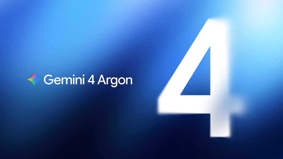 Google's Gemini 4 Argon announcement art: the model name and a large number 4 on a blue background