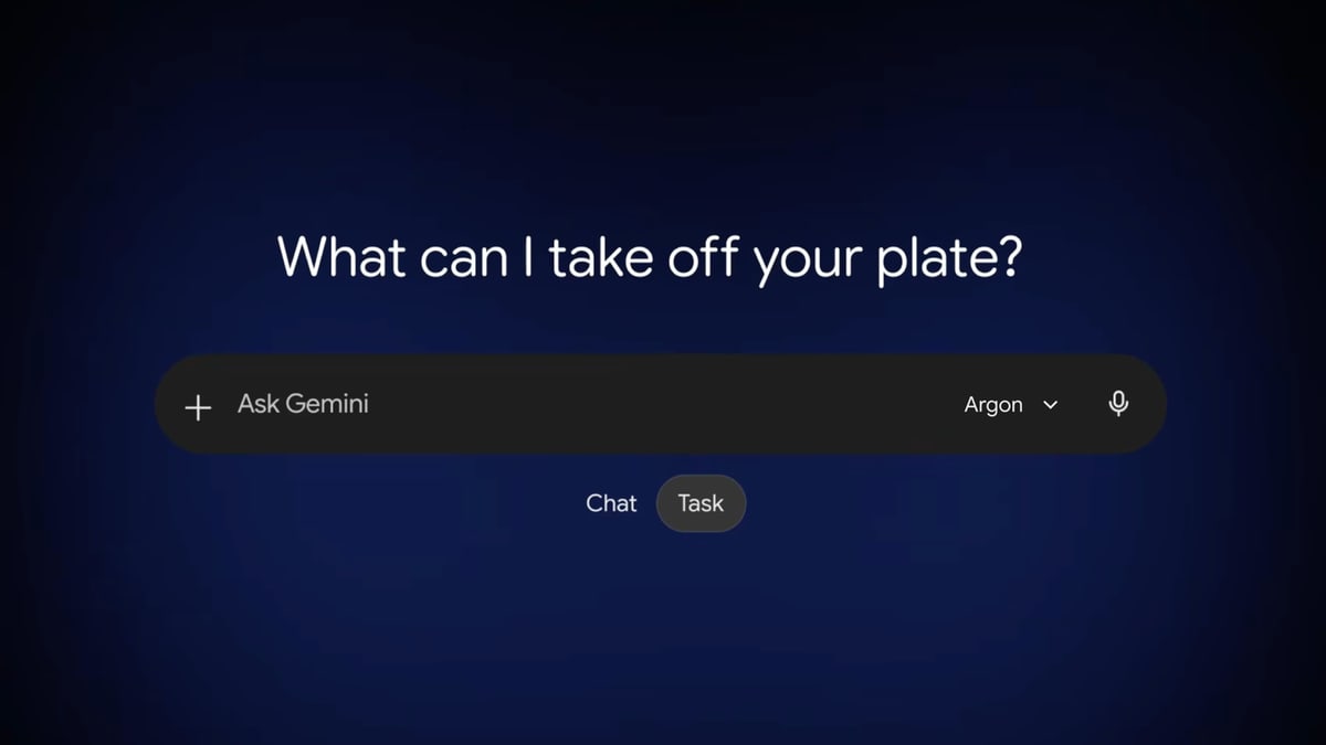 Google's Gemini app screen with "Argon" chosen in the model menu of the Ask Gemini box, and Chat and Task buttons below it
