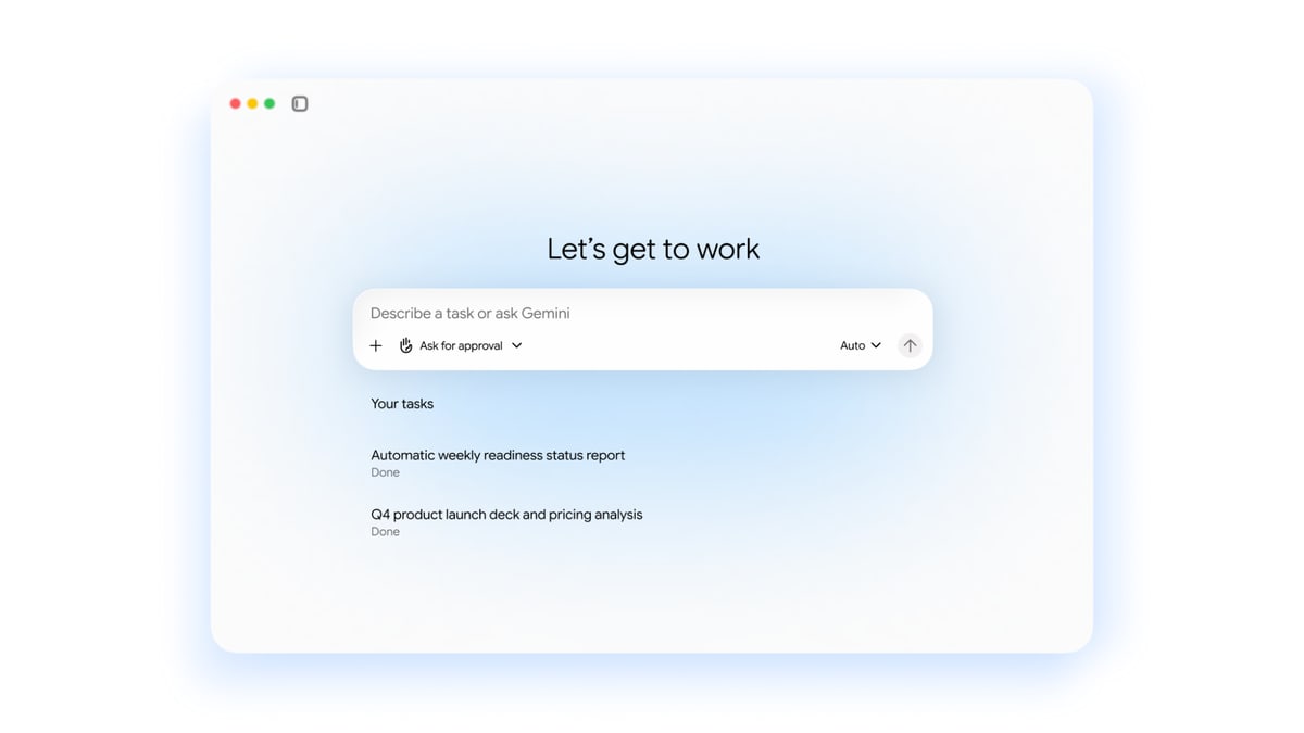 Google's image of the Gemini agent's start screen, with a box that reads "Describe a task or ask Gemini" above a list of finished tasks