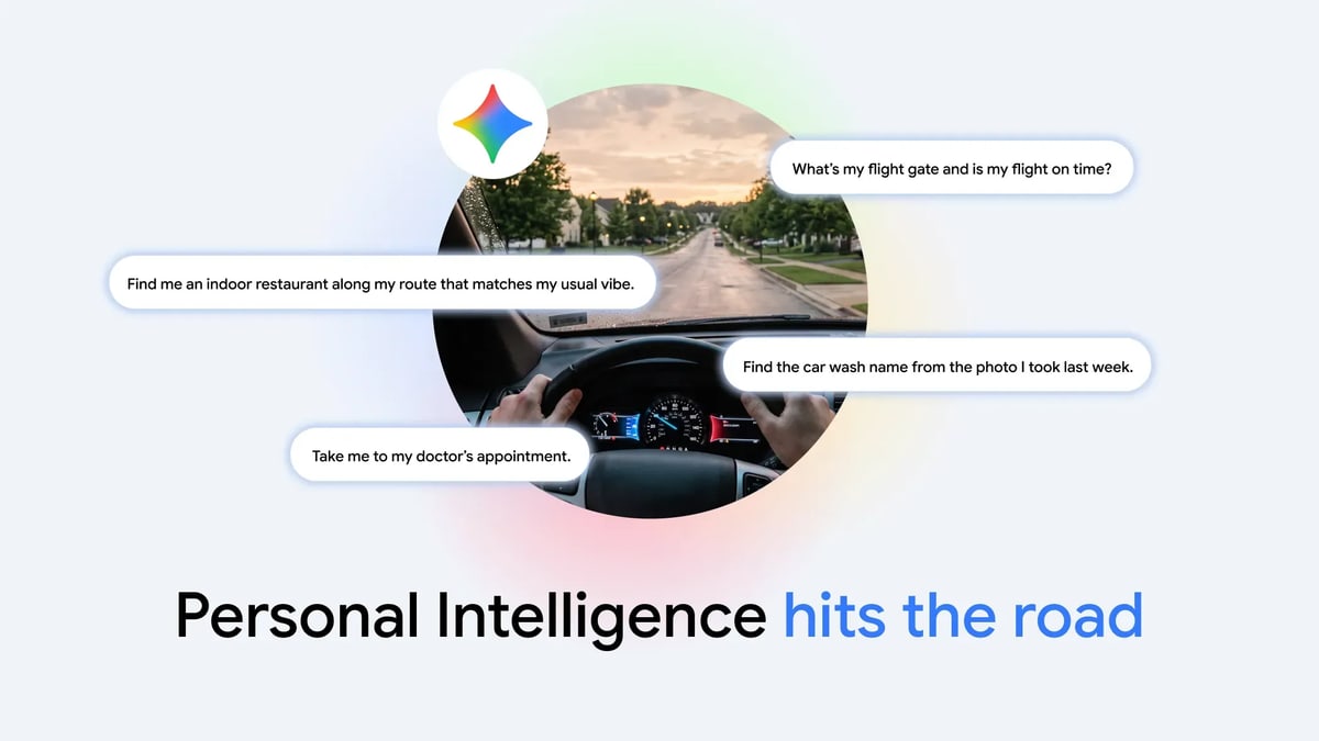 Google graphic of a driver's view down a tree-lined street, ringed by example requests to Gemini such as "Take me to my doctor's appointment"