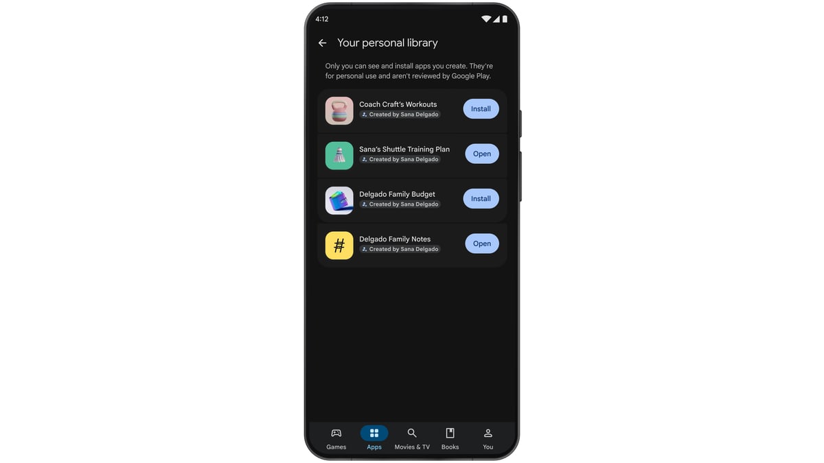 Google's image of an Android phone showing the Play Store's new personal library, with four apps one person made for their own use, including a workout coach and a family budget