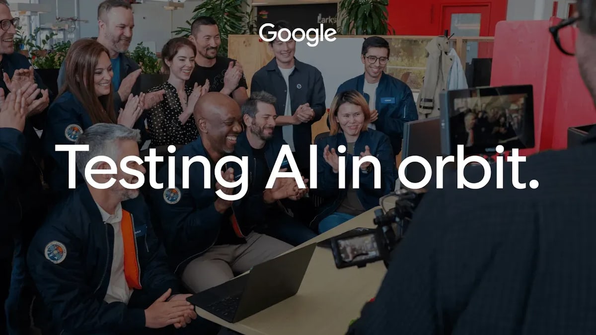 Google's Project Suncatcher team in matching jackets gathered around a laptop, under the words "Testing AI in orbit."