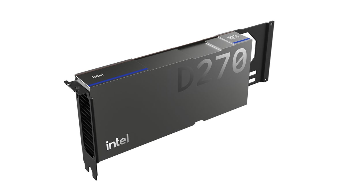 Intel's product image of the GPU D270, a long dark gray card marked Intel and D270 with a metal bracket at one end, on a white background