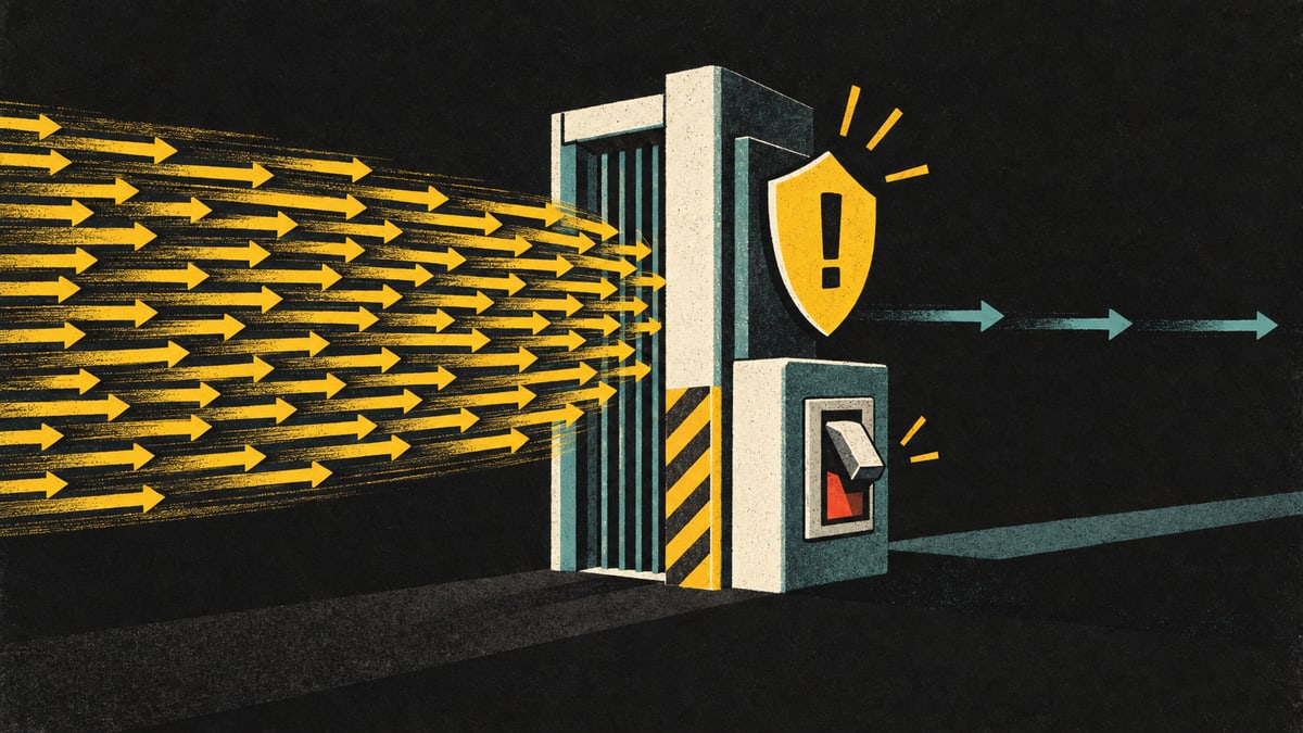 Illustration: a dense stream of yellow arrows rushes into a security gate, a warning shield lights up and a switch flips to off