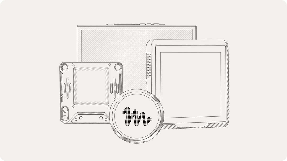 Meta line drawing of Muse gadgets, including a round screen with the Muse logo, a small board and two displays