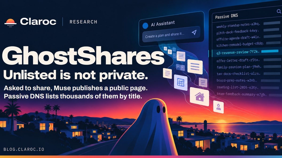 Claroc illustration of documents drifting from an AI assistant's share box into a list of web addresses, with a ghost over a neighborhood at dusk