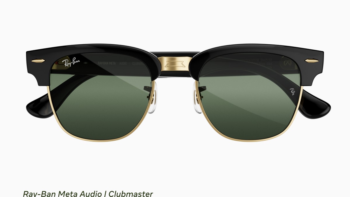 Ray-Ban Meta Audio Clubmaster glasses, camera-free audio AI glasses on white background