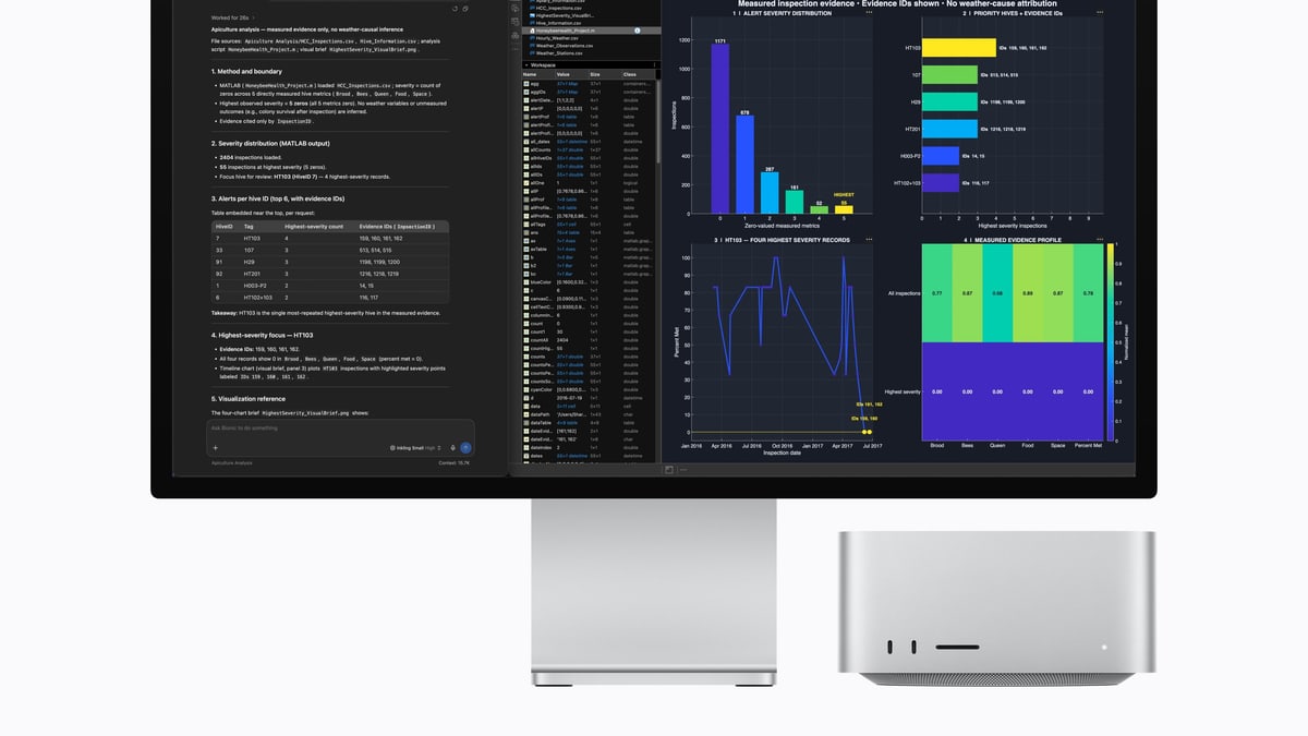Apple's Mac Studio with the M5 Ultra chip beside a display running an AI assistant app next to charts