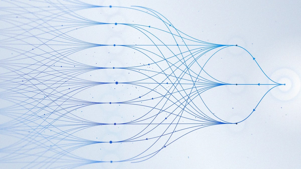 Illustration of blue paths and arrows flowing from parallel lines into a looping shape