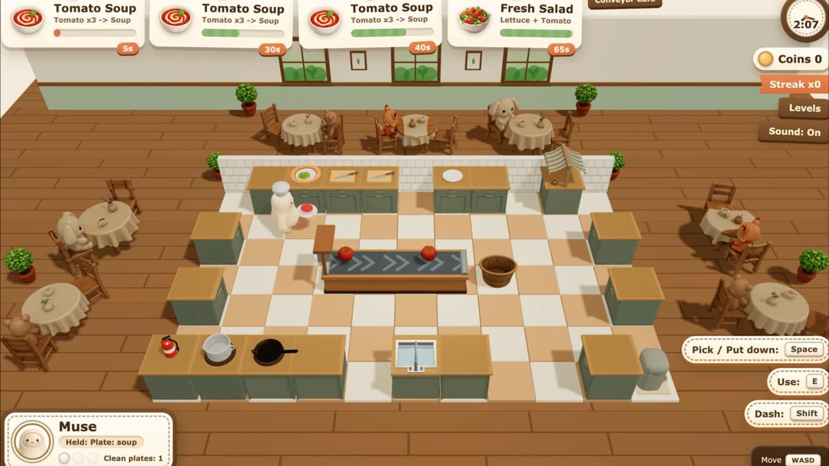 A playable 3D kitchen game that Meta says Muse Wonder built, with a chef character, a conveyor counter and diners at tables, from Meta's Muse Wonder demo video