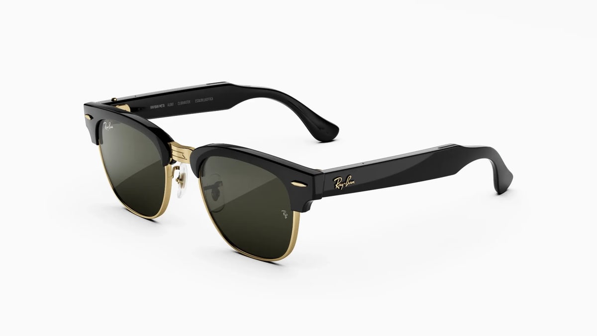 Ray-Ban Meta Audio glasses in the Clubmaster style, black frames with gold trim and green lenses, on a white background