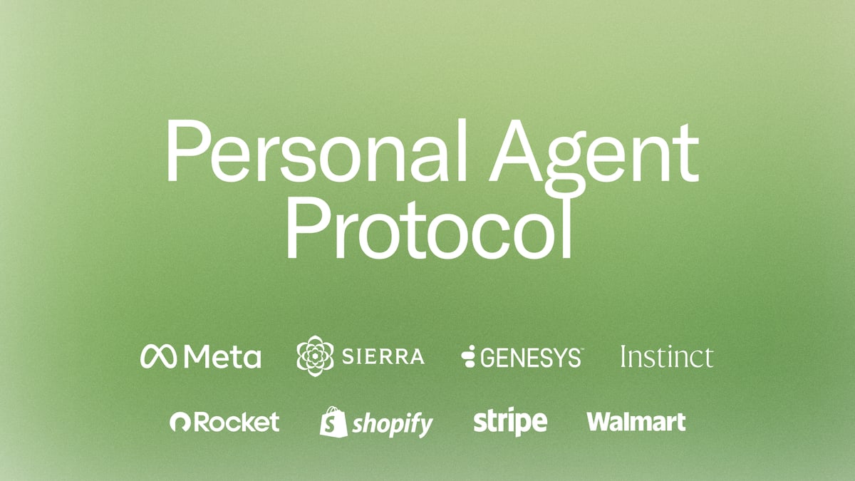 Sierra's announcement card reading Personal Agent Protocol, with the logos of Meta, Sierra, Genesys, Instinct, Rocket, Shopify, Stripe and Walmart
