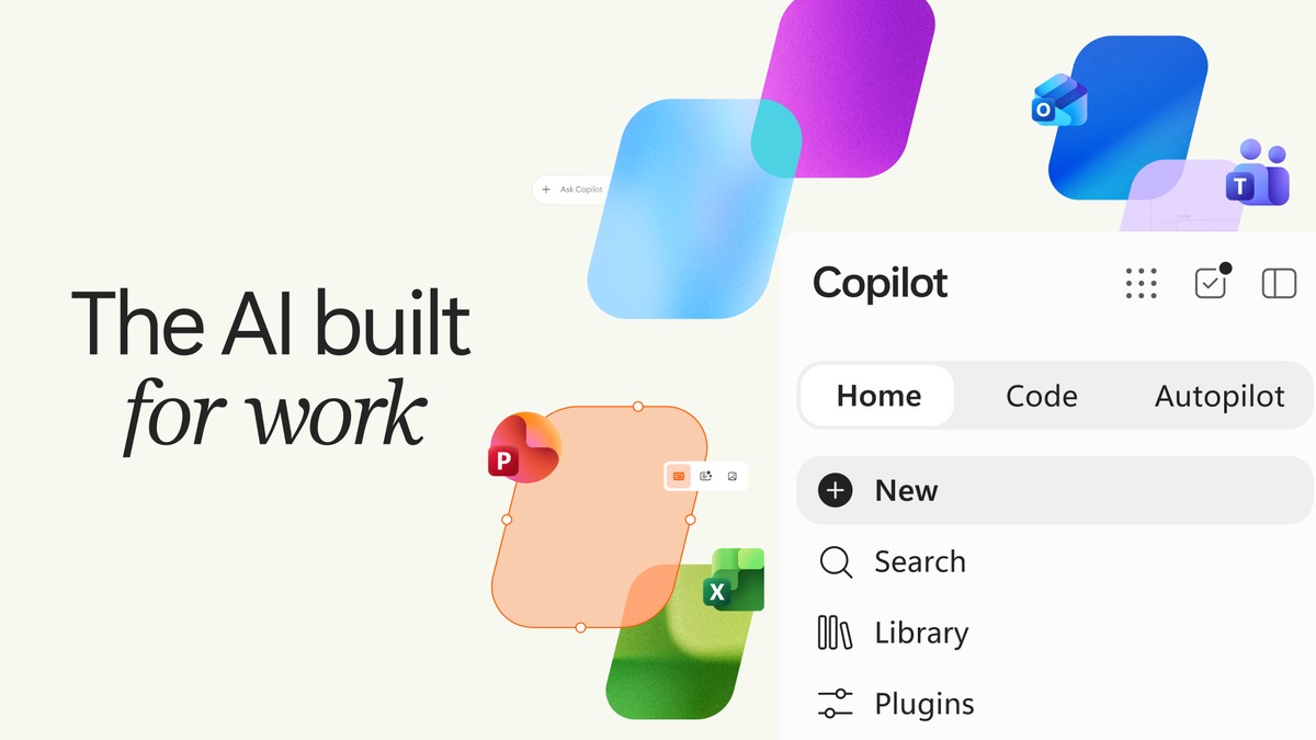 Microsoft Copilot product graphic for the Home, Code, and Autopilot redesign