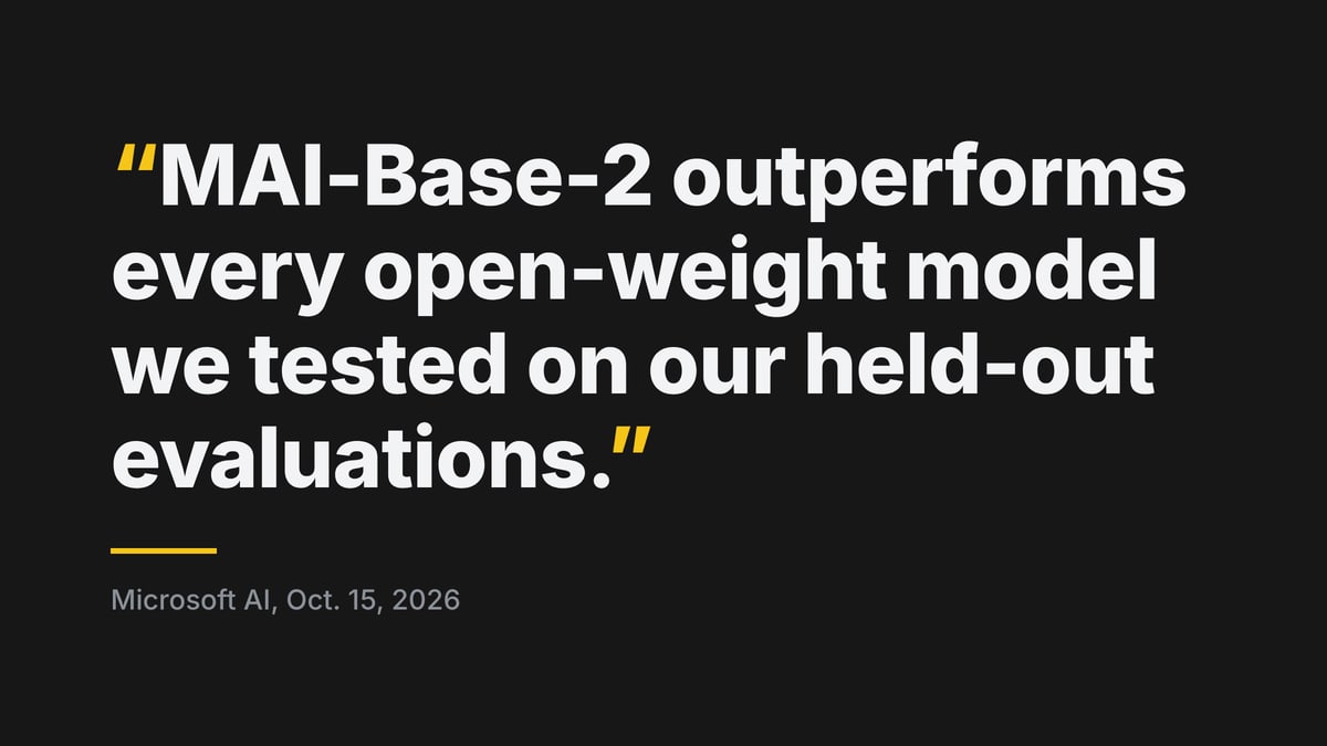 Quoted from Microsoft AI, Oct. 15, 2026: "MAI-Base-2 outperforms every open-weight model we tested on our held-out evaluations."