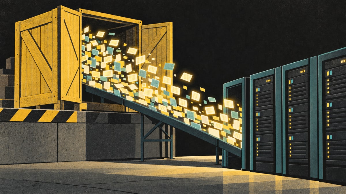 Illustration: an open wooden crate pouring glowing data cards down a ramp into a row of server cabinets