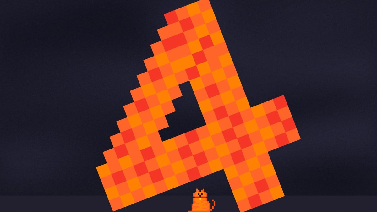 Mistral's Large 4 artwork: a large orange pixel-art number 4 above a small pixel-art cat on a dark background