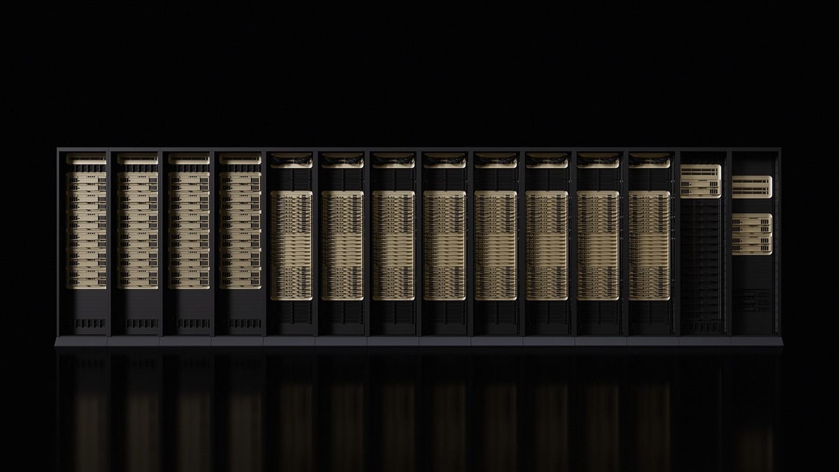 A row of NVIDIA Vera Rubin computer racks lit against a black background