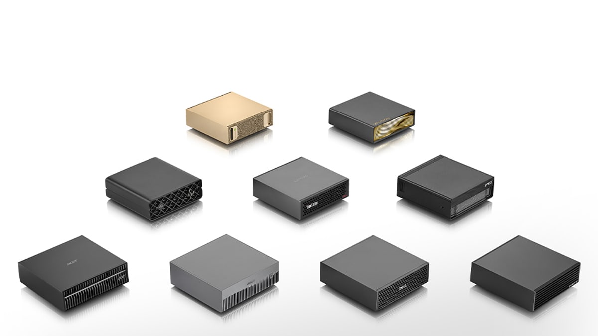 NVIDIA image of compact GB10 desktop AI computers from its hardware partners, arranged in rows