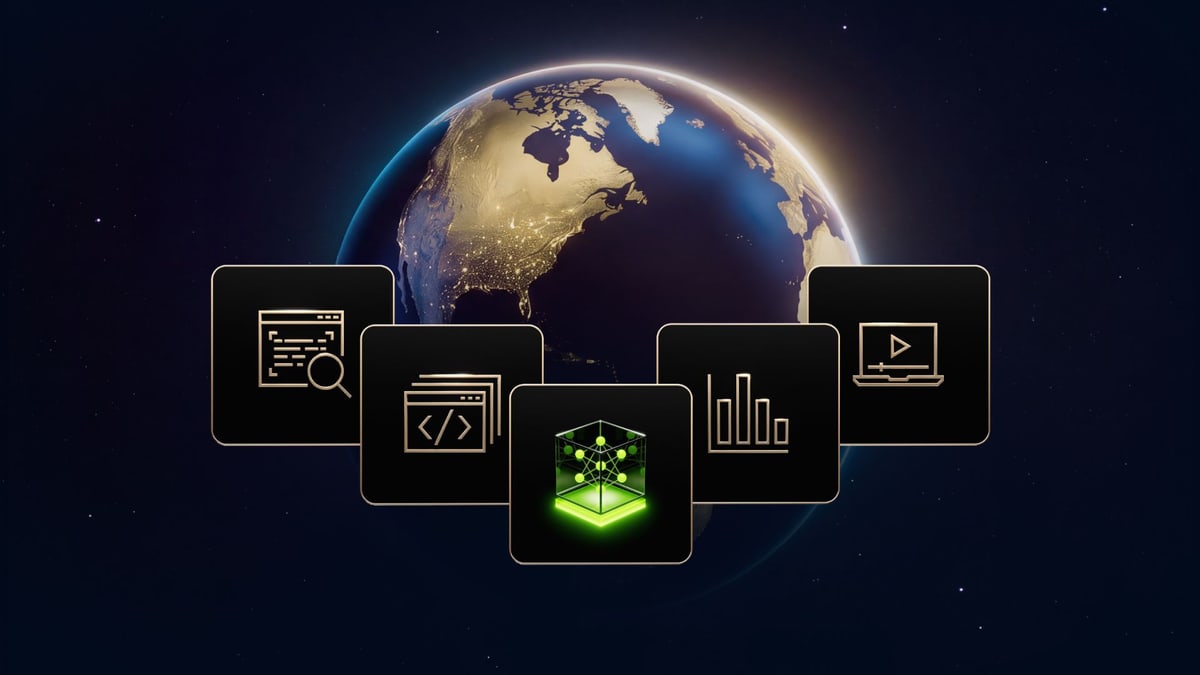 NVIDIA illustration of the Nemotron model icon, a glowing green cube, among tiles for search, code, charts and video in front of the Earth