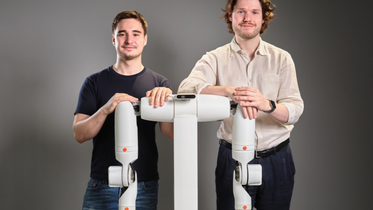 O-ID cofounders Simon Gormuzov and Stian Jakobsen with the company's modular humanoid robot prototype