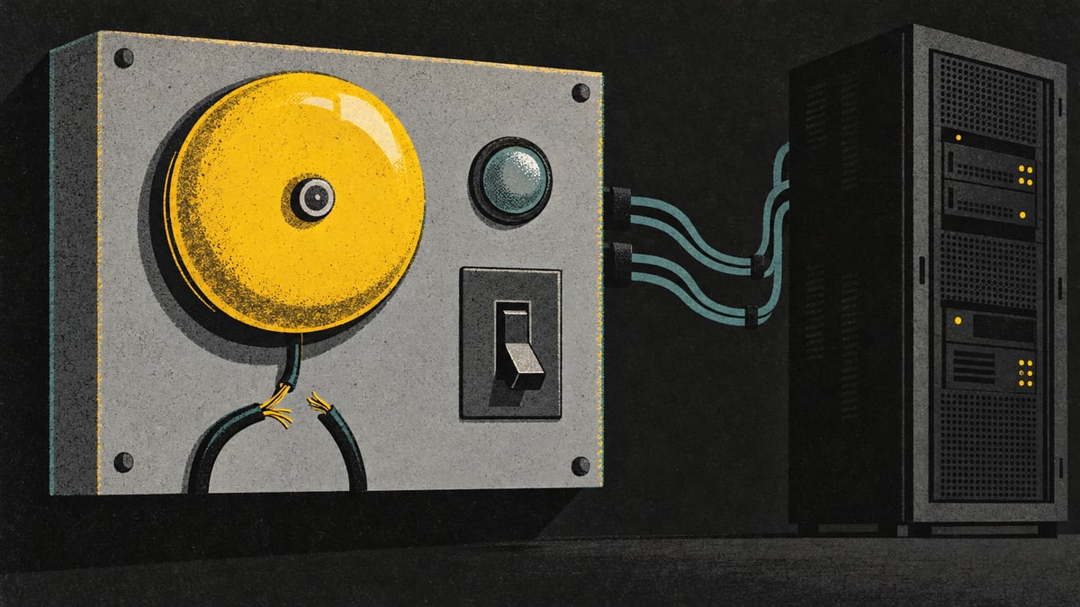 Illustration: a yellow alarm bell on a gray panel with its wire cut in two, beside an off switch, wired to a server rack