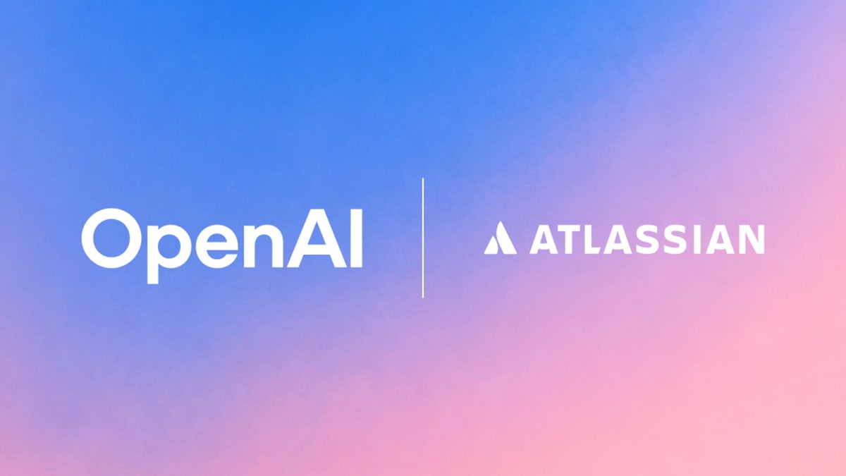 OpenAI and Atlassian logos side by side on a blue and pink gradient