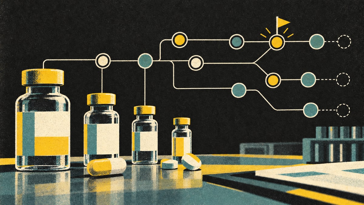 Illustration: medicine vials and pills on a lab bench, linked to a branching chain of checkpoints with one flagged
