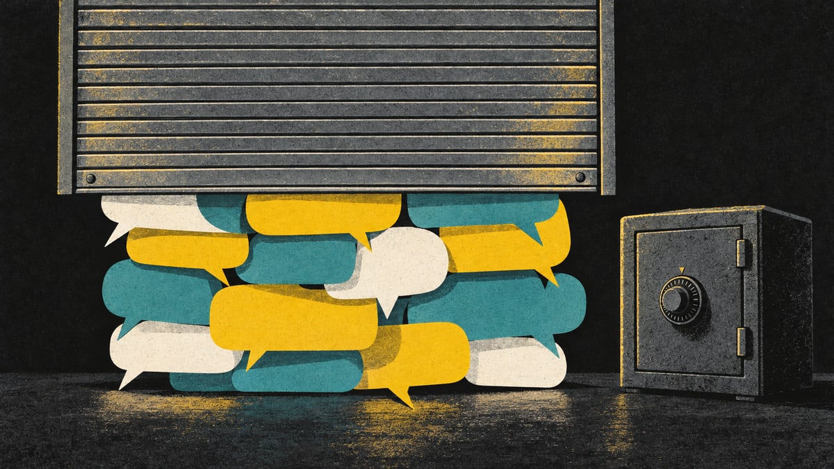 Illustration: a metal shutter coming down on a stack of colored speech bubbles, beside a closed steel safe