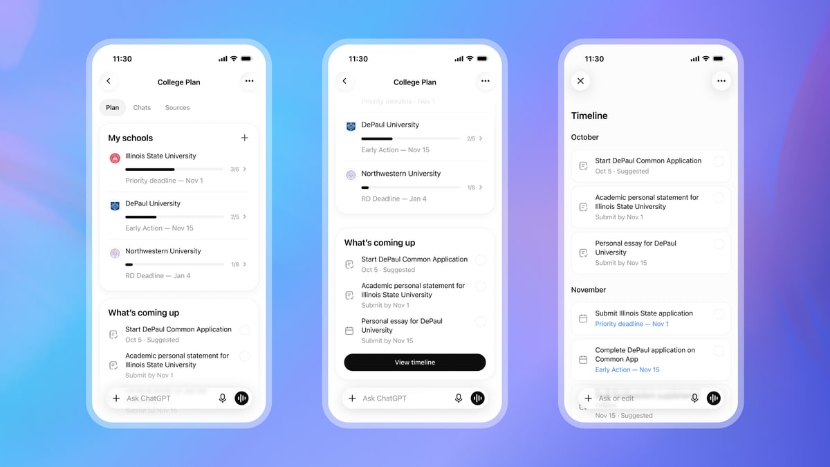 OpenAI's images of three phone screens showing ChatGPT's College Planner, with a list of schools, upcoming tasks and a timeline of deadlines