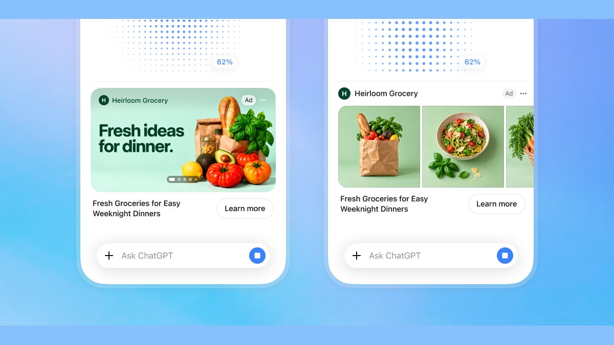 OpenAI mockup of two ChatGPT phone screens showing a labeled grocery ad with product photos while ChatGPT makes an image