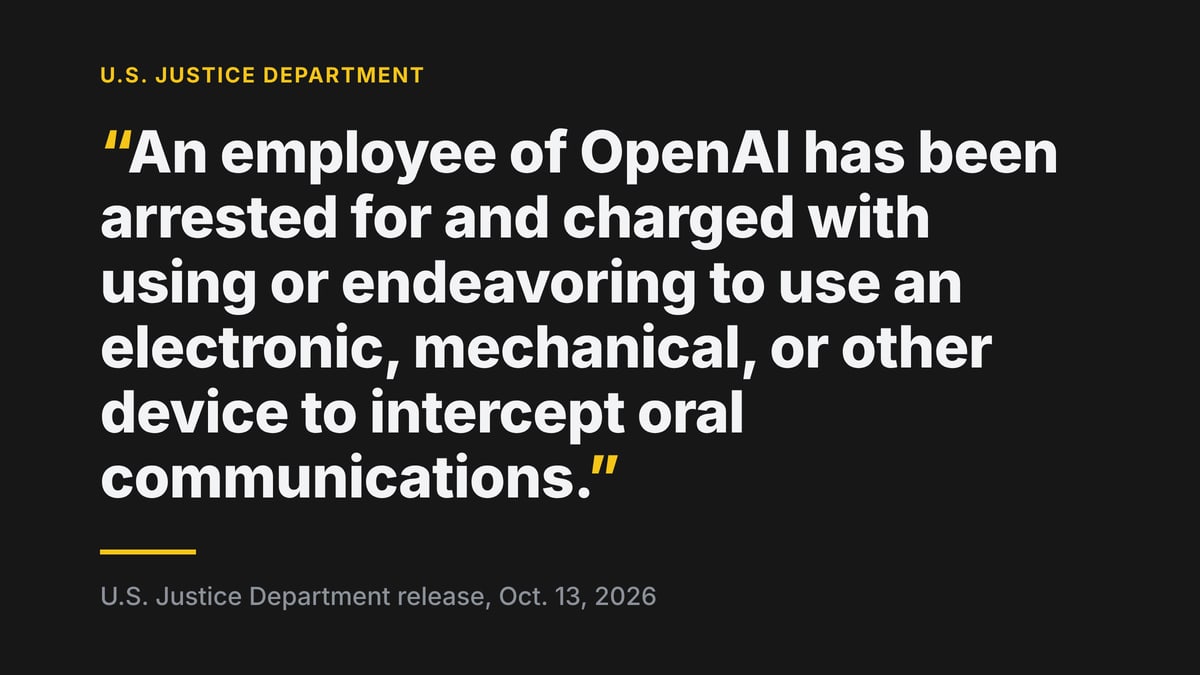 Quoted from U.S. Justice Department release, Oct. 13, 2026: "An employee of OpenAI has been arrested for and charged with using or endeavoring to use an electronic, mechanical, or other device to intercept oral communications."
