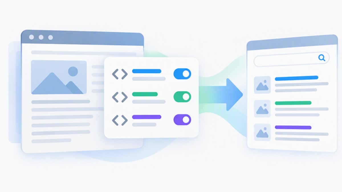 Microsoft illustration of a web page with a panel of on and off switches, an arrow leading to a page of search results