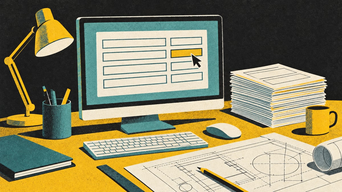 Illustration: a computer monitor with a form being filled in by a pointer, beside a stack of papers and a technical drawing on an office desk