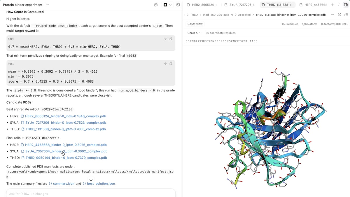 OpenAI's Rosalind research workspace, with notes on a protein binder experiment on the left and a 3D model of a protein on the right