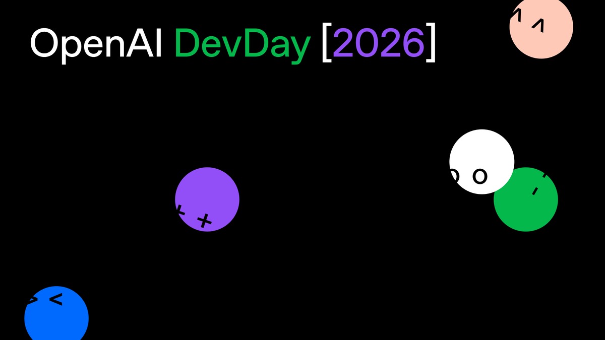 OpenAI DevDay 2026 event graphic with colored circular character marks on a black field