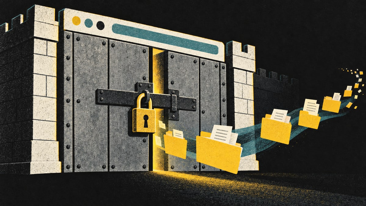 Illustration: a locked fortress gate shaped like a web page, with document folders slipping out through a gap