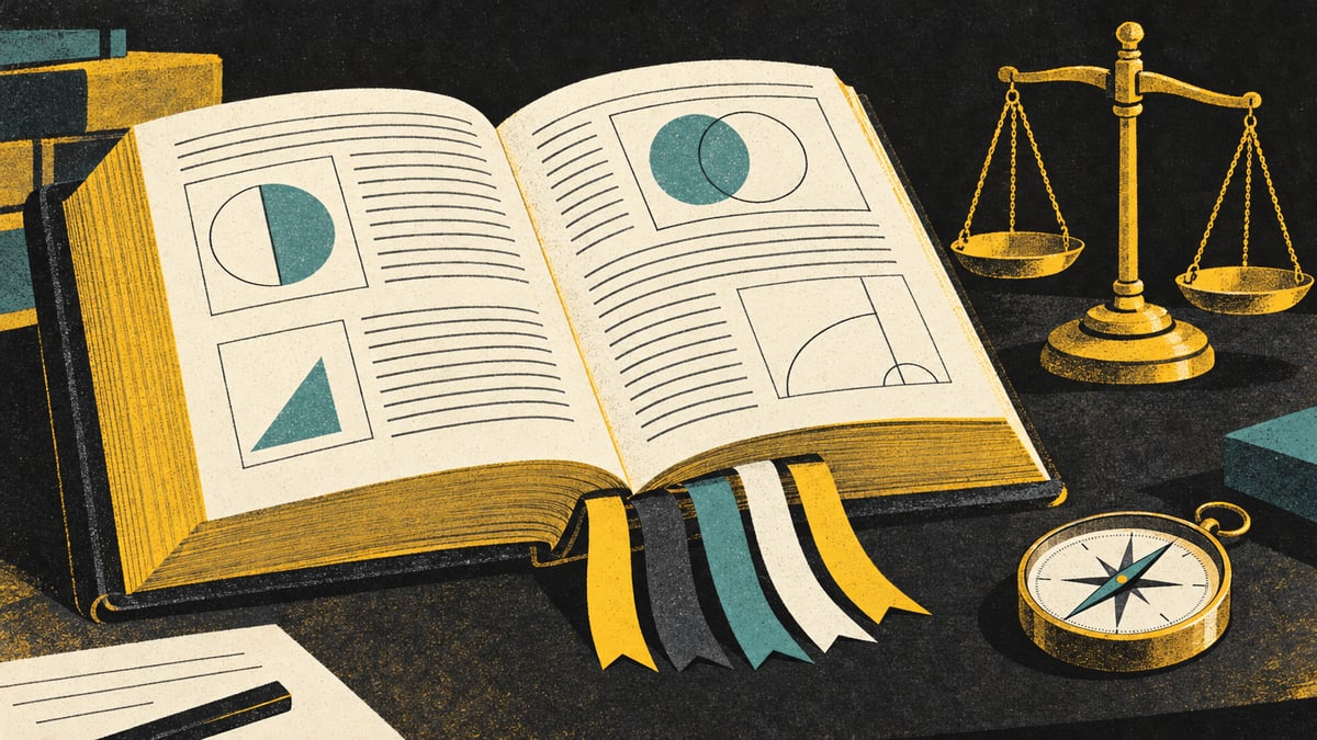 Illustration: an open rulebook with five ribbon bookmarks, beside a balance scale and a compass on a desk