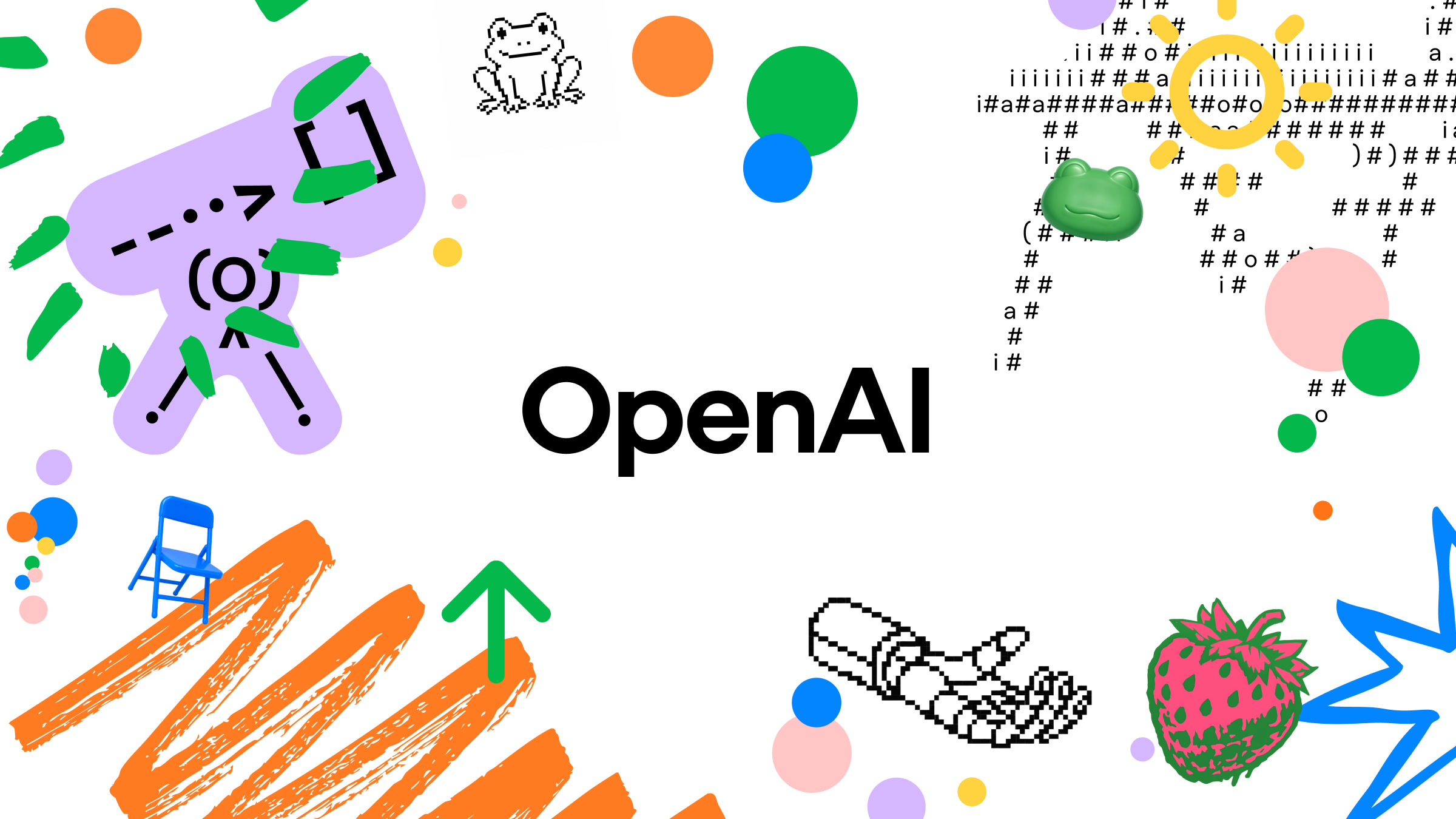 OpenAI careers brand still: OpenAI wordmark with collage art including a pixel robotic arm