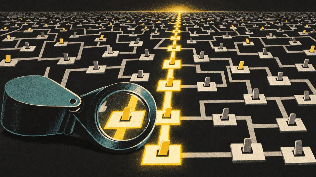 Illustration: a maze of on-off switches stretching to the horizon, with one glowing shortcut path through it and a magnifying loupe inspecting the path