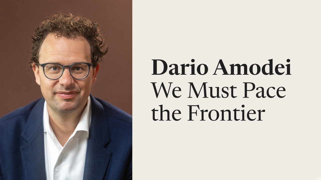 Dario Amodei portrait with We Must Pace the Frontier essay title