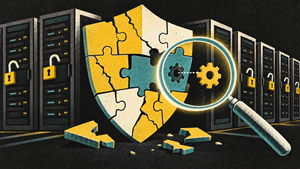 Illustration: rows of server racks with open padlocks behind a cracked shield made of puzzle pieces, with a magnifying glass over a broken piece where a gear is being swapped