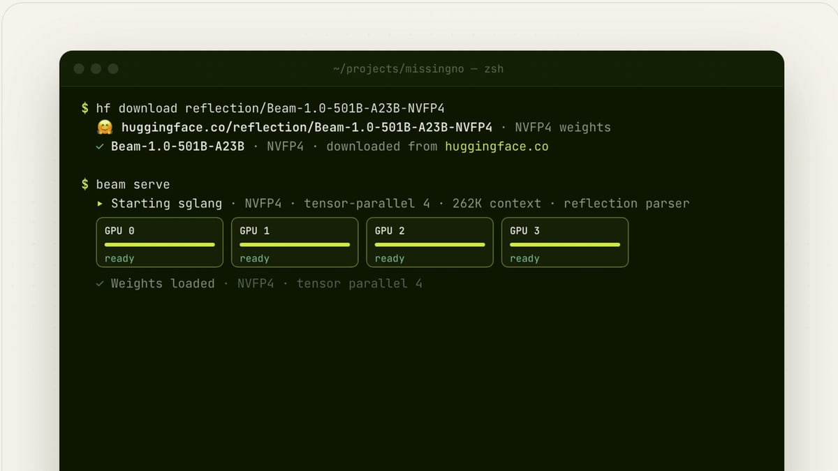 Reflection's animation of a computer terminal downloading Beam's files from Hugging Face and loading them onto four AI chips
