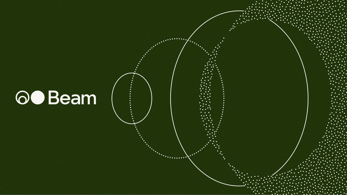 Reflection's Beam logo beside white outlined circles and dots on a dark green background